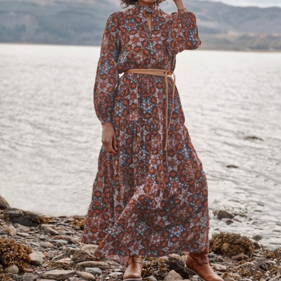 Garnet Hill ~new~ Ballard Swiss-Dot Maxi Dress in Copper Patchwork size Small - Picture 2 of 16